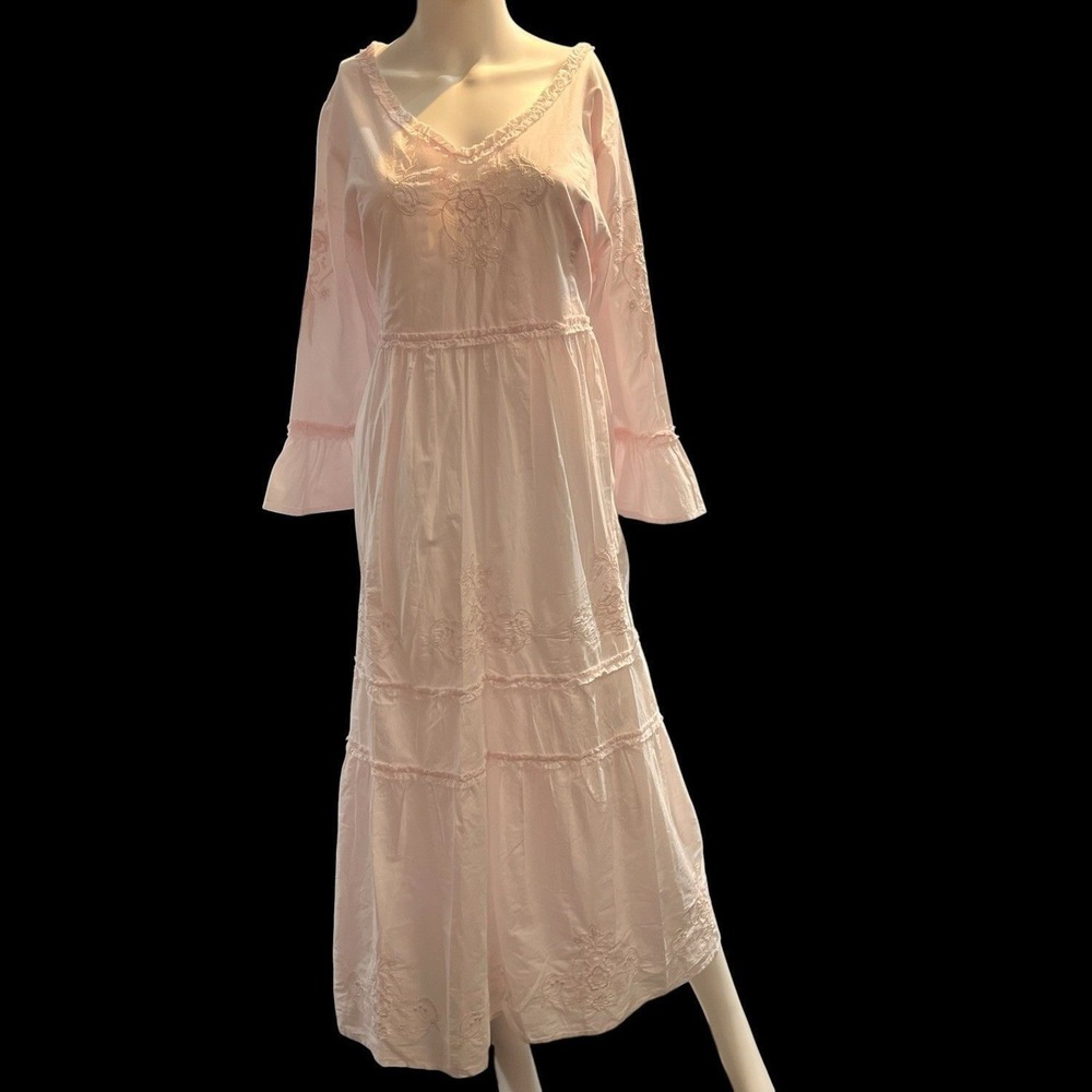 Soft Surroundings Dress Pink Cotton Tiered Maxi Floral Emboridered L Cottagecore